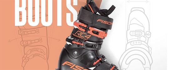 Ski boot design featuring Fischer RX4 model, showcasing adjustable buckles and a sleek black and orange color scheme, relevant to tips on selecting ski boots for optimal foot comfort and performance.