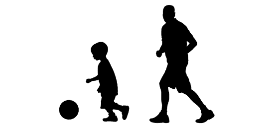 Silhouettes of a child playing with a ball and an adult walking, representing active lifestyles and family engagement in physical activity.