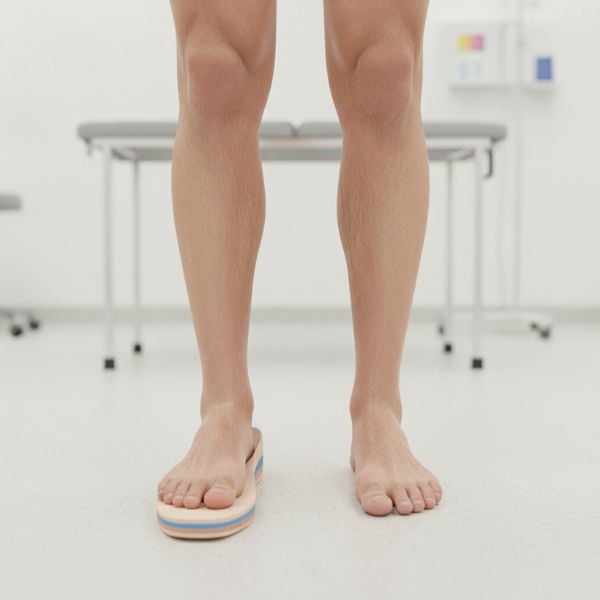Patient with one foot in a sandal and the other bare in a clinical setting, illustrating foot size or footwear issues.