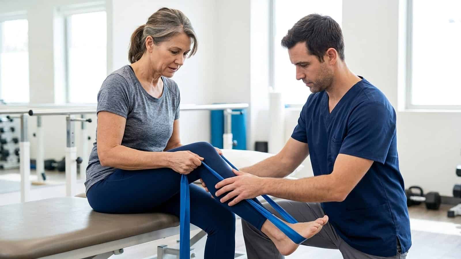 A physiotherapist assisting a middle-aged woman with ankle rehabilitation exercises using resistance bands in a modern clinic.