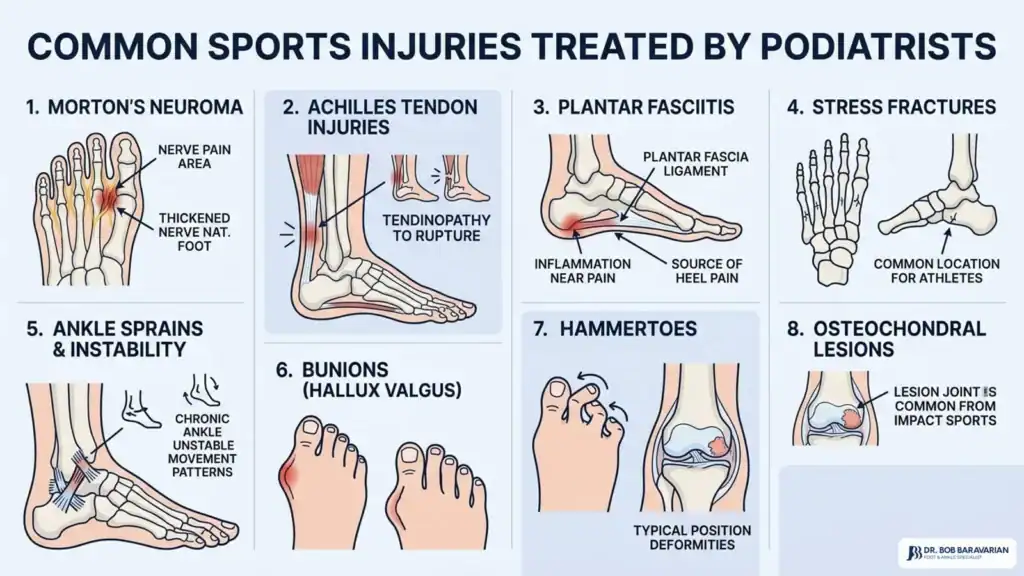 Illustration of common sports injuries including Achilles tendon injuries, ankle sprains, stress fractures, bunions, and more, with detailed diagrams.