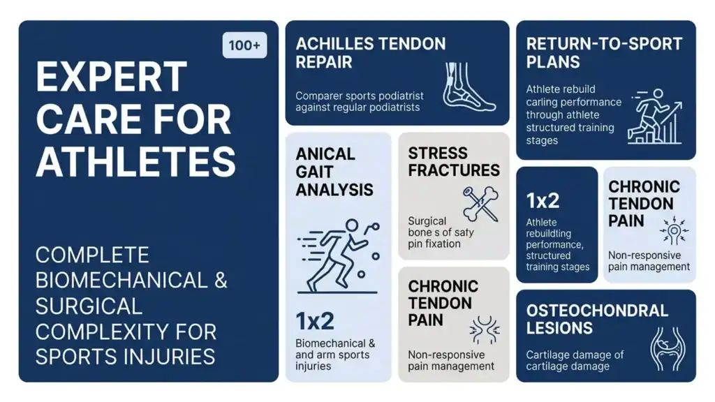 Infographic detailing expert care for athletes including Achilles tendon repair, ankle gait analysis, stress fractures, chronic tendinopathy, and osteochondral lesions.