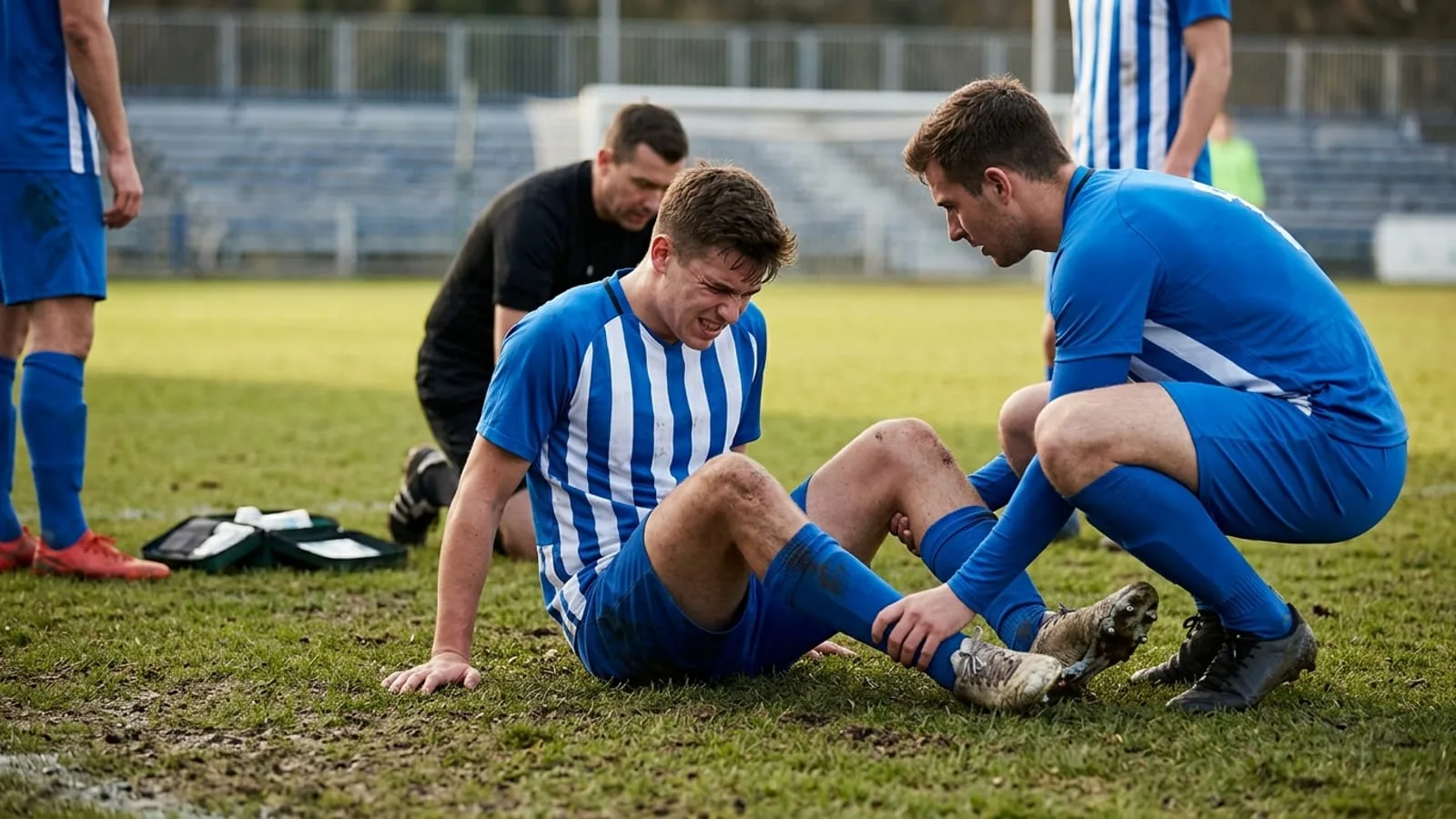A soccer player in blue uniform is injured and receiving assistance from a teammate on the field during a match.