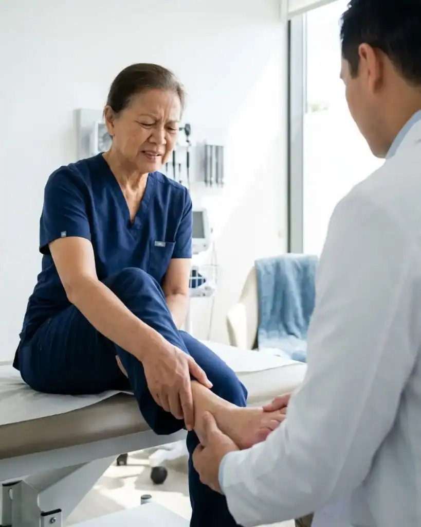Foot examination of elderly woman by podiatrist in a medical clinic, focusing on foot health and podiatric care.