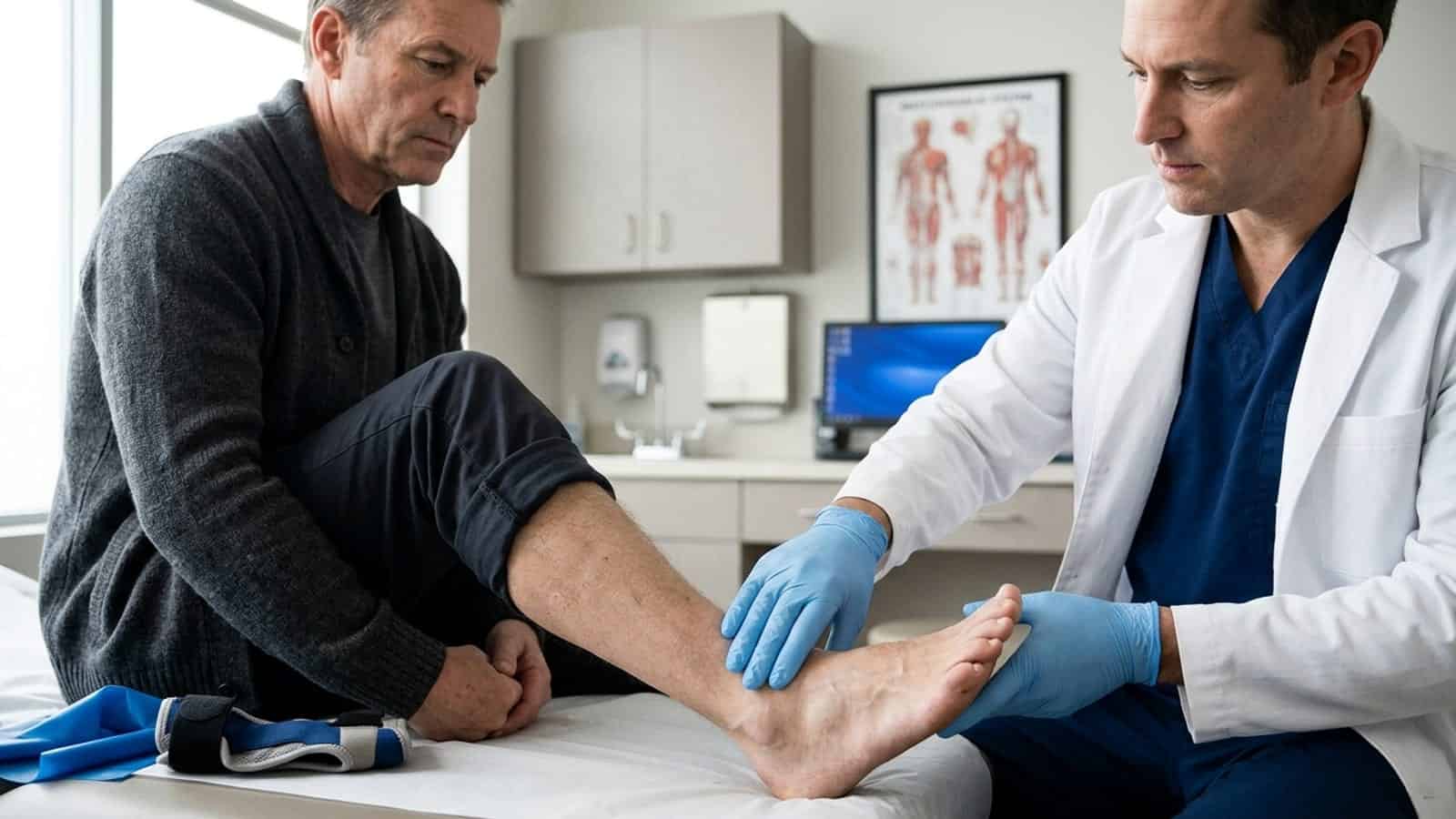 Podiatrist examining a patient's foot in a clinical setting, focusing on foot health and potential issues.