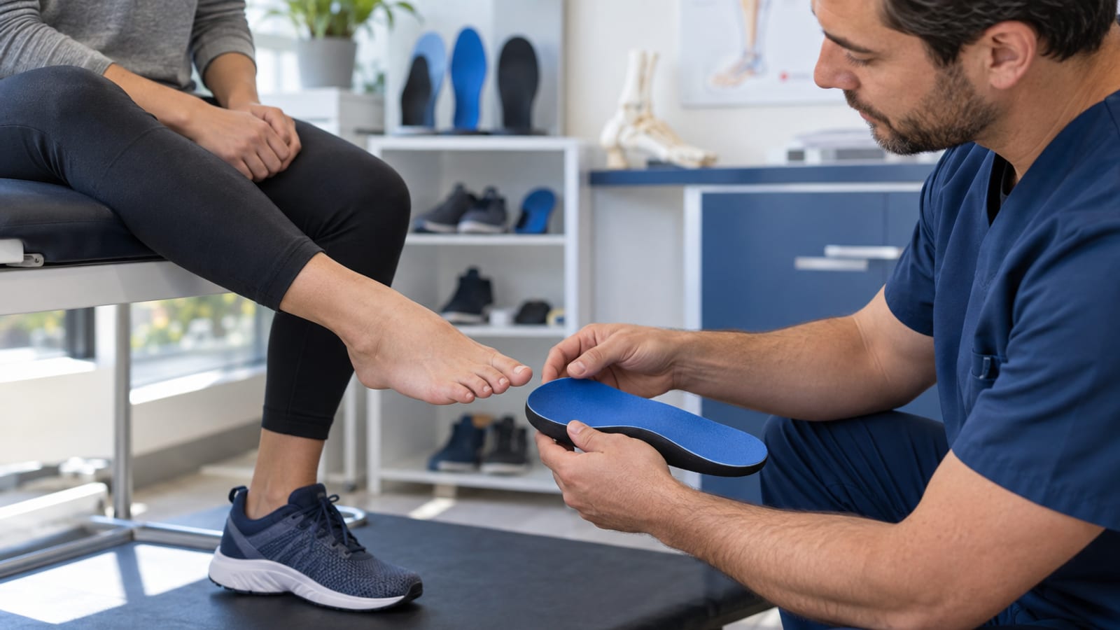 Podiatrist examining a patient's foot using a blue orthotic insole in a clinical setting.